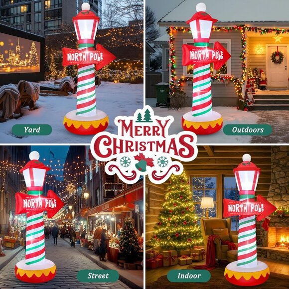 ⚡6FT Christmas Inflatables North Pole Road Sign Street Lamp Outdoor Decorations - Picture 4 of 6